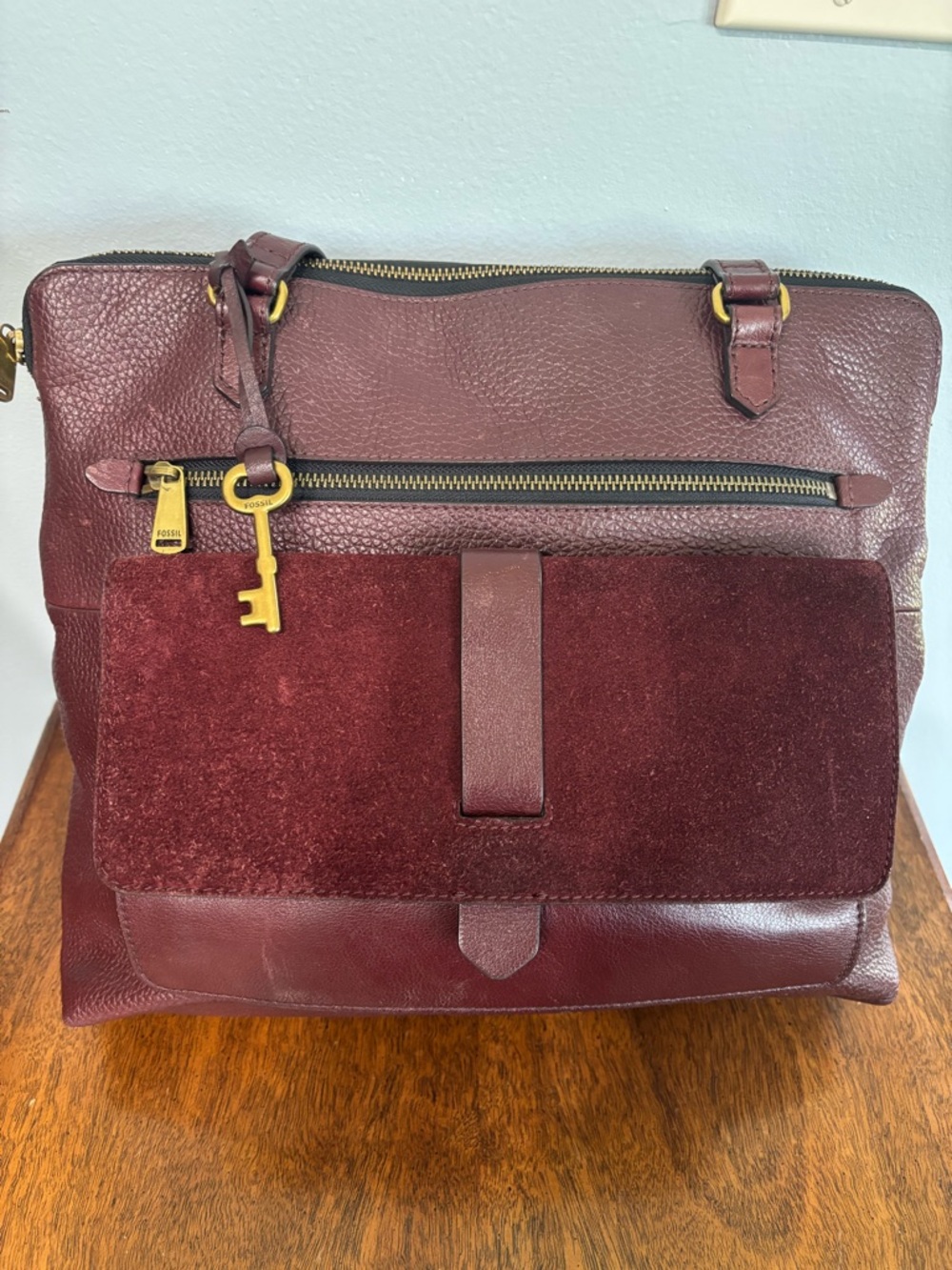 Fossil Kinley Leather and Suede Shopper Tote in Claret Red with gold hardware